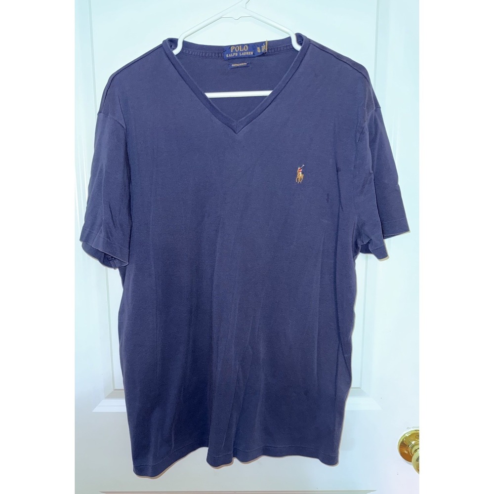 Polo Ralph Lauren V-neck T-shirt Mens Size Adult X-Large Navy‎ Blue Brown Pony